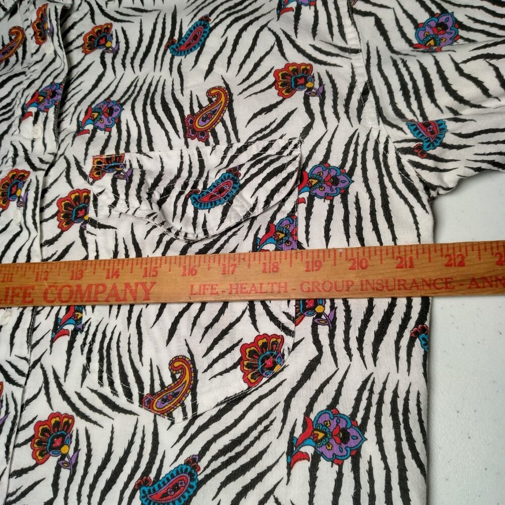 Vintage 1980s Khazana Blouse Shirt Medium Zebra Print Paisley Safari Short Slv - Picture 4 of 13